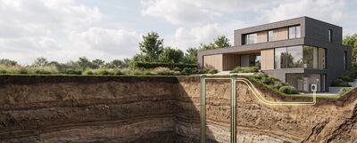 Doorsnede van een moderne woning met geothermische leidingen in de bodem