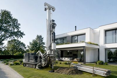 Boorinstallatie voor bodemboringen naast een woning in aanbouw