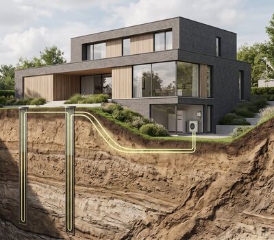 Render van een woning met een uitgegraven doorsnede waarin twee geothermische lussen naar de warmtepomp lopen