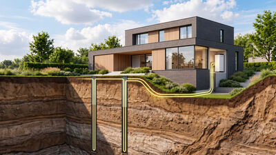 Render van een woning met een uitgegraven doorsnede waarin twee geothermische lussen naar de warmtepomp lopen